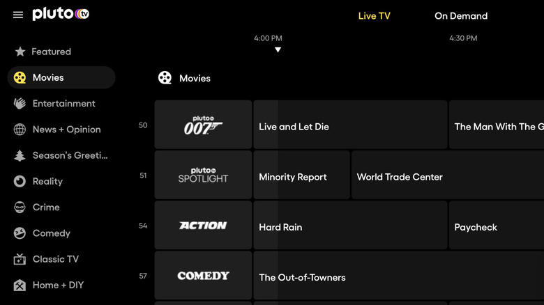 Une capture d'écran de l'interface de la chaîne en direct de Pluto TV