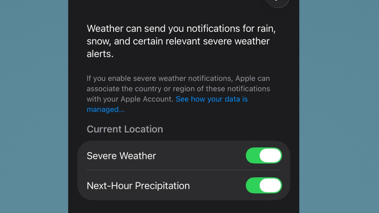 Les notifications de temps violent et de précipitations de l’heure suivante dans l’application Météo pour iPhone.