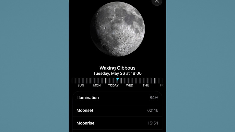 Informations détaillées sur les phases de la lune dans l’application Météo pour iPhone.