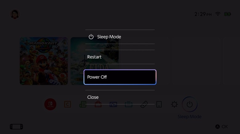 Une image montrant le menu Options d'alimentation sur une Nintendo Switch 2