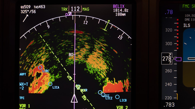 Gros plan d'un écran radar météorologique de cockpit d'avion montrant les tempêtes dans la région