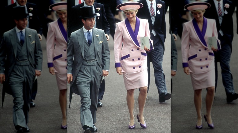Le prince et la princesse de Galles assistent à la deuxième journée de la course à Royal Ascot, en juin 1990. La princesse porte un costume de Catherine Walker.