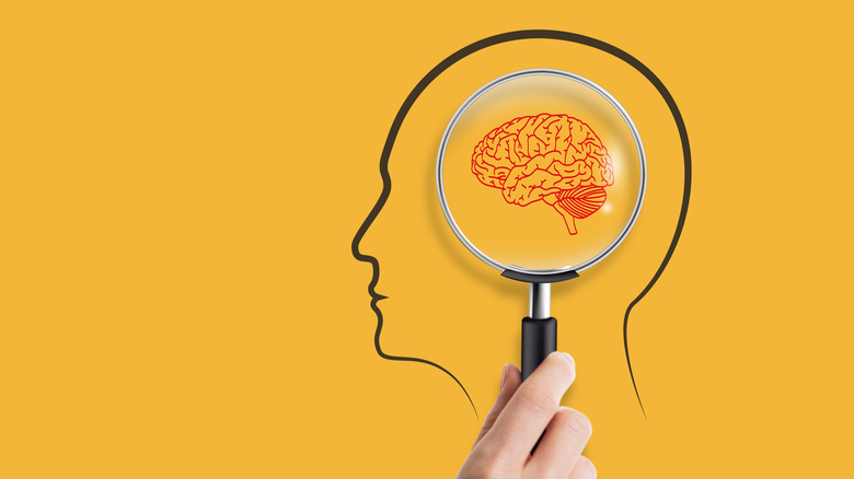 Quelqu'un tenant une loupe sur un cerveau en forme de tête.