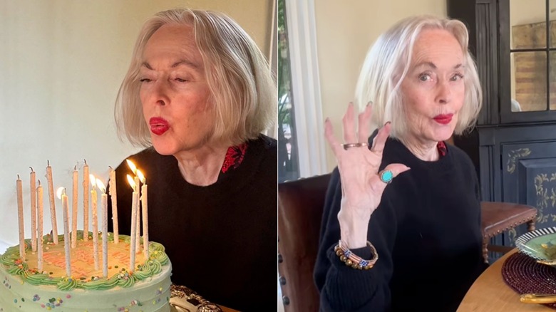 Des photos côte à côte montrent Tippi Hedren soufflant ses bougies d'anniversaire (à gauche) et saluant l'appareil photo (à droite) lors des célébrations de son 95e anniversaire.