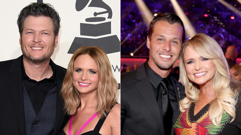 Des photos côte à côte montrent Miranda Lambert posant avec son ex-mari Blake Shelton (à gauche) et son mari actuel, Brendan McLoughlin (à droite).