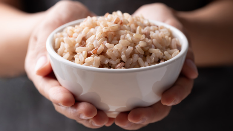 Mains tenant un bol blanc de riz brun cuit