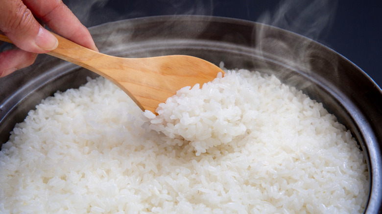 Main en remuant le riz blanc dans une casserole