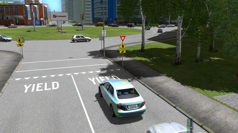 Voiture arrêtée au panneau Cédez le passage dans City Car Driving