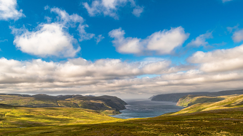 Un paysage de crique avec de nombreux nuages ​​au-dessus.