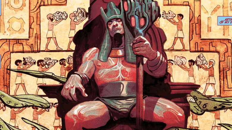 Rama-Tut assis sur un trône, avec des hiéroglyphes derrière lui