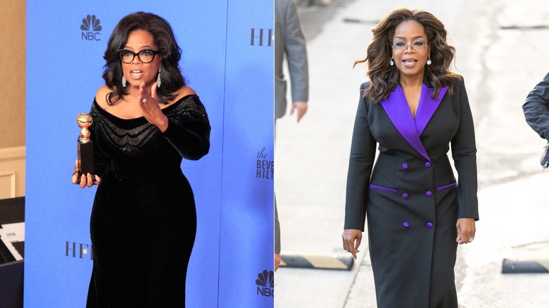 Oprah Winfrey porte une robe noire / Oprah Winfrey se promène avec un blazer noir et violet