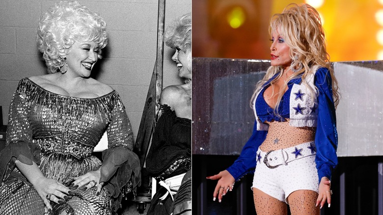 Dolly Parton dans une robe scintillante / Dolly Parton pose vêtue d'une chemise bleue et d'un micro short blanc