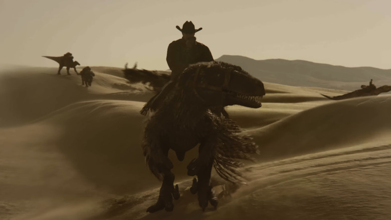 Un cowboy chevauchant un rapace dans Les Dinosaures du Far West