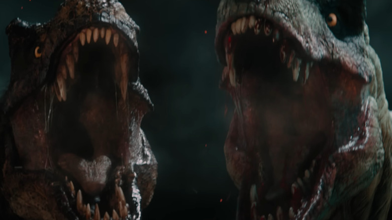 Deux T-rex rugissant côte à côte dans Primitive War