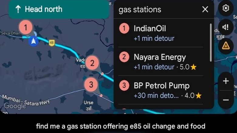 Capture d'écran d'Android Auto montrant l'intégration de Gemini pour la localisation des stations-service