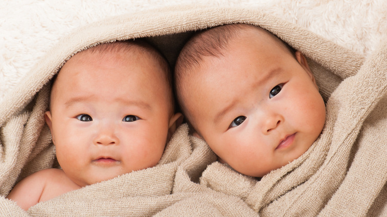 Bébés jumeaux couchés dans une veste taupe