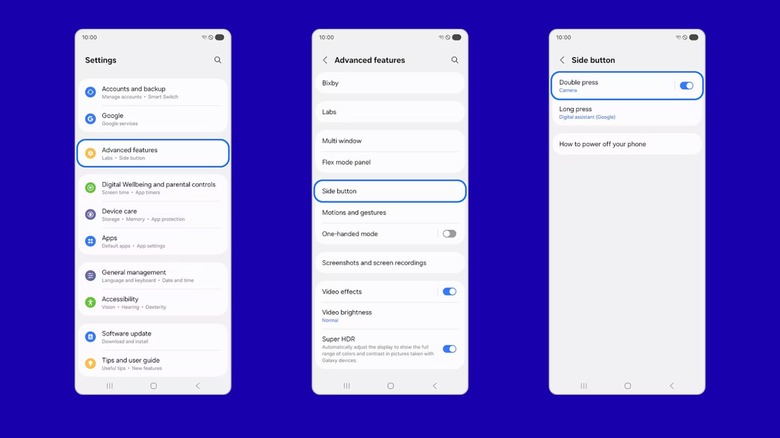 Plusieurs captures d'écran du téléphone illustrent les étapes à suivre pour activer les options des touches latérales Double-Press.