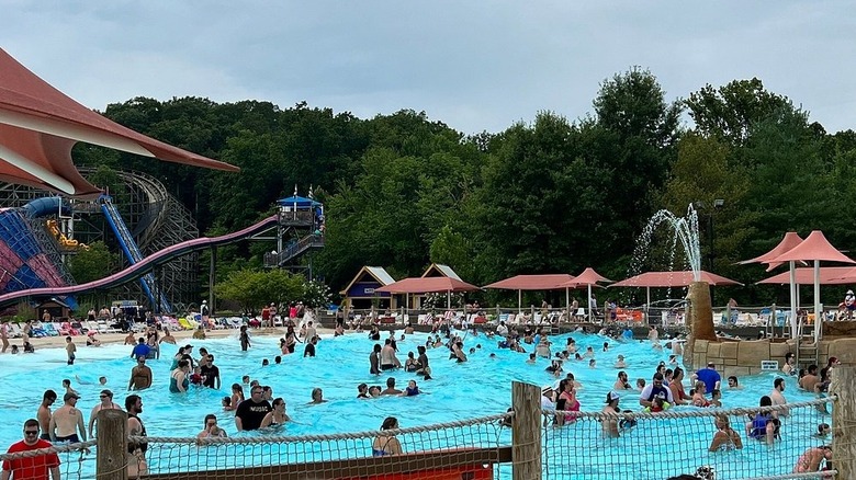 Piscine pleine de monde avec manèges en arrière-plan