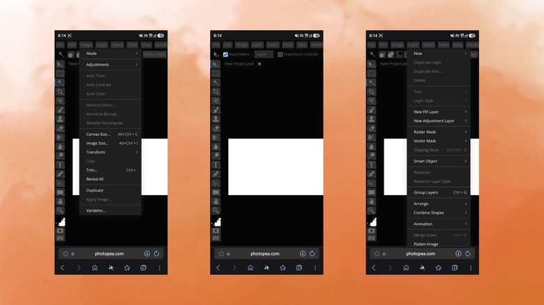 Interface de l'éditeur de photos en ligne Photopea