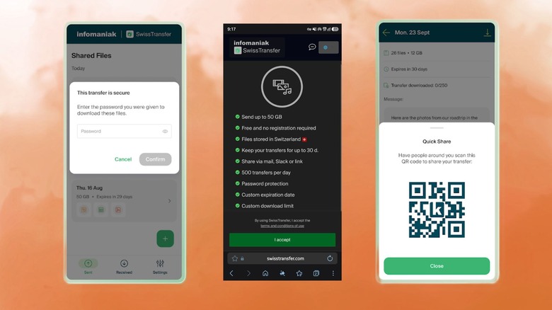Application SwissTransfer sur smartphone Android affichant ses fonctionnalités
