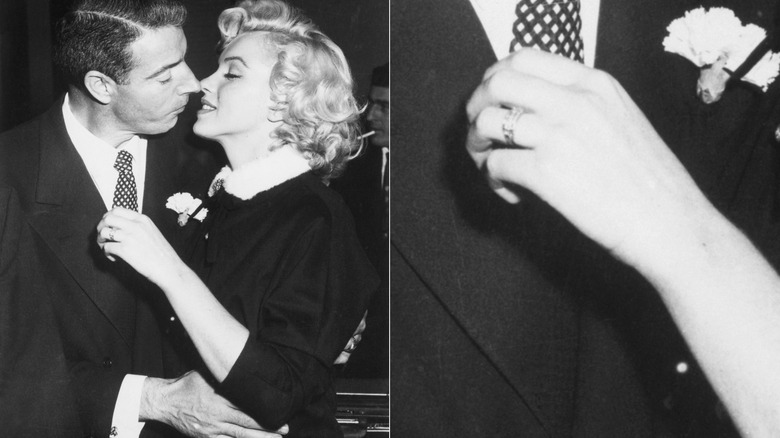 À gauche : Marilyn Monroe et Joe DiMaggio le jour de leur mariage. À droite : un gros plan de la bague de fiançailles de Monroe.