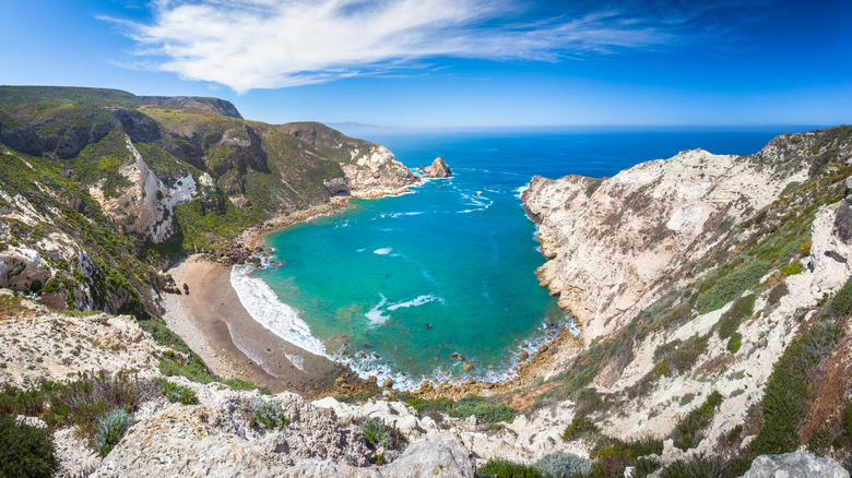 Une photo panoramique de Potato Harbor, une crique oblongue du côté ouest de l'île de Santa Cruz