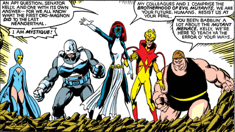 X-Men #141 – la Confrérie des Mutants Maléfiques (Destiny, Avalanche, Mystique, Pyro, Blob) éclatant à travers un mur brisé