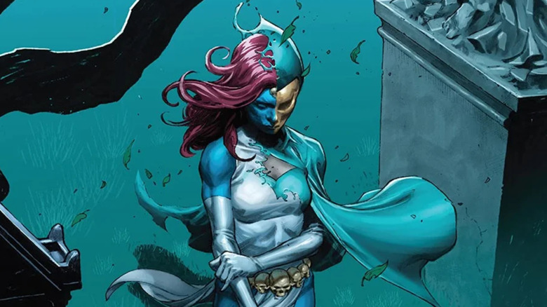 Couverture d'Inferno #4 - Mystique debout dans un cimetière, à moitié métamorphosé en Destiny