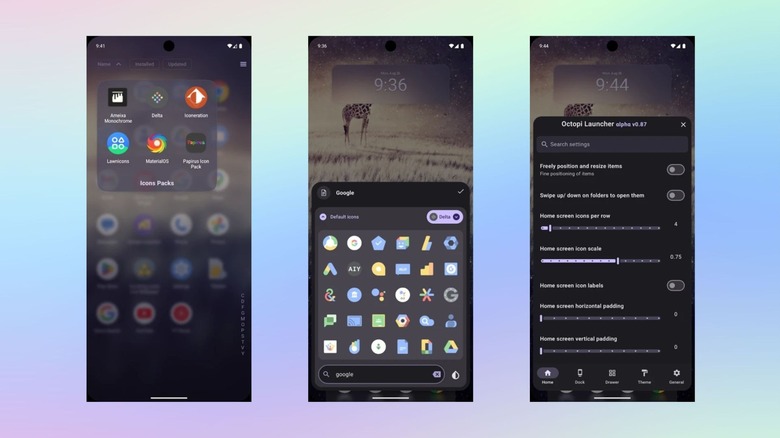 Différents menus de l'écran d'accueil pour l'application Octopi Launcher