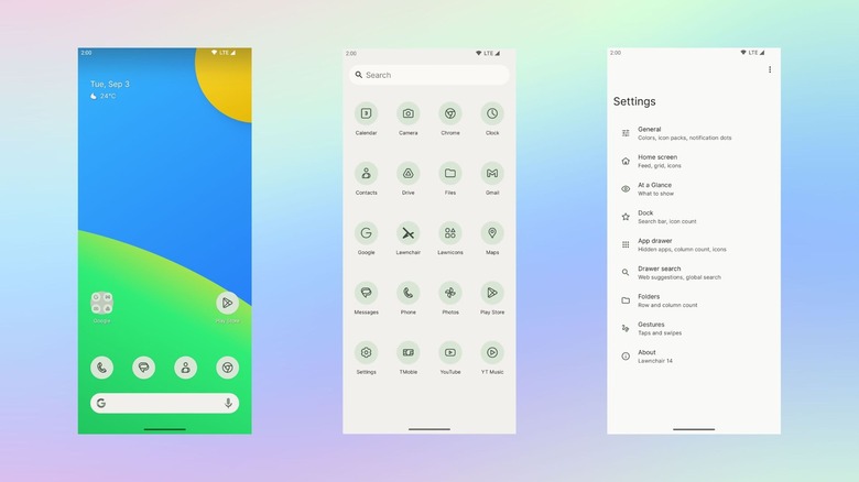 Page de configuration et de paramètres de l'écran d'accueil pour l'application de lancement Lawnchair