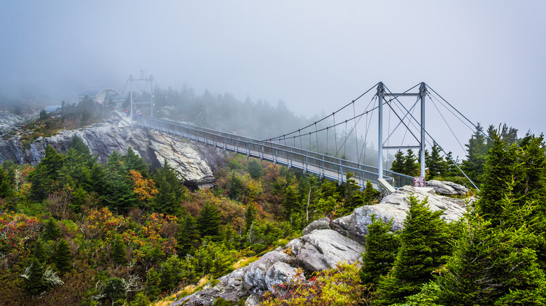 le Mile High Swinging Bridge dans le brouillard près de Banner Elk en Caroline du Nord