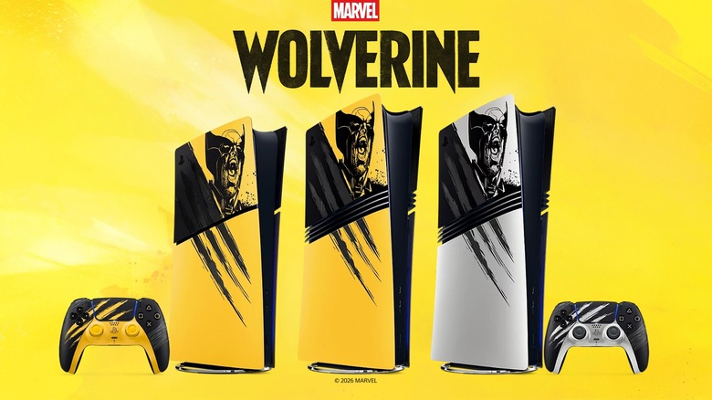 Illustration promotionnelle montrant les consoles et manettes PS5 en édition limitée Marvel's Wolverine