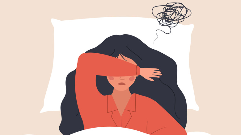 Illustration d'une femme au lit avec un bras sur les yeux, représentant un mauvais sommeil