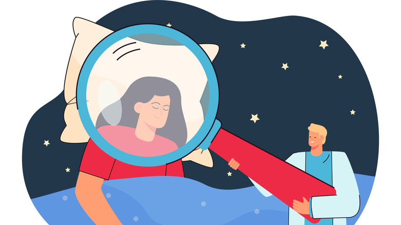 Illustration d'un médecin tenant une loupe géante sur une patiente dormant calmement