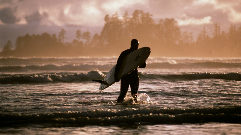 Surfeur sortant des vagues à la réserve de parc national Pacific Rim