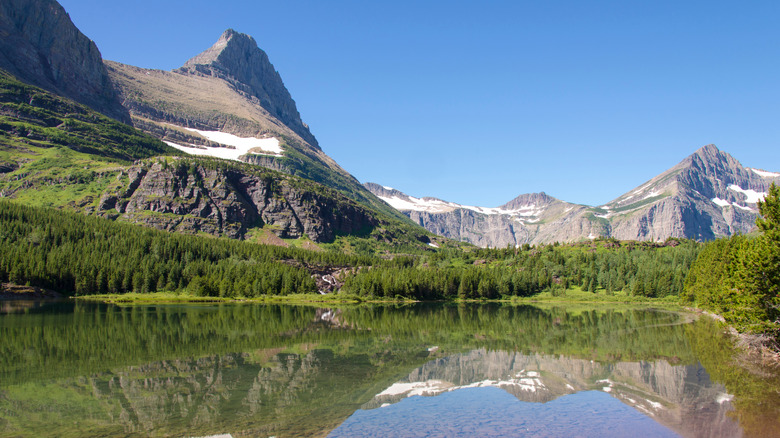 Lac Fishercap dans le parc national des Glaciers, reflétant les montagnes et la forêt aux sommets enneigés