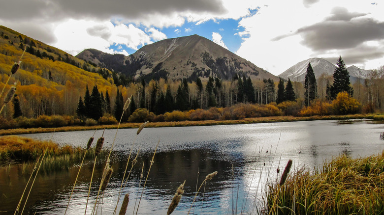 Lac Warner avec de la neige sur Haystack Mountain en arrière-plan et quelques roseaux au premier plan