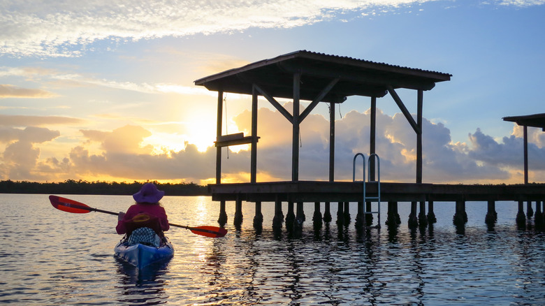 Un kayakiste s'approche d'une plate-forme de camping dans les Everglades de Floride