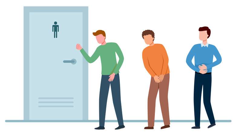 Concept de trois hommes faisant la queue dans des toilettes tenant leur pipi et leurs crottes