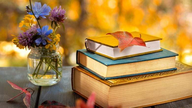 Pile de trois livres de différentes tailles disposés autour des feuilles d'automne et à côté d'un pot de fleurs