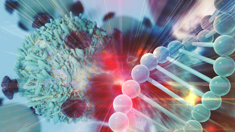 Rendu CGI d'une cellule cancéreuse entrant en collision avec une molécule d'ADN surdimensionnée