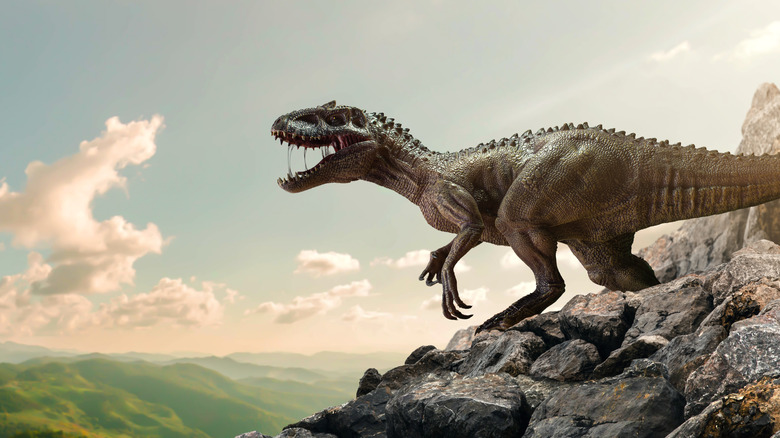 dinosaure théropode rugissant au sommet d'une falaise