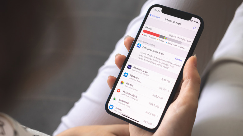 Une personne tenant un iPhone, avec la section de stockage ouverte dans Paramètres