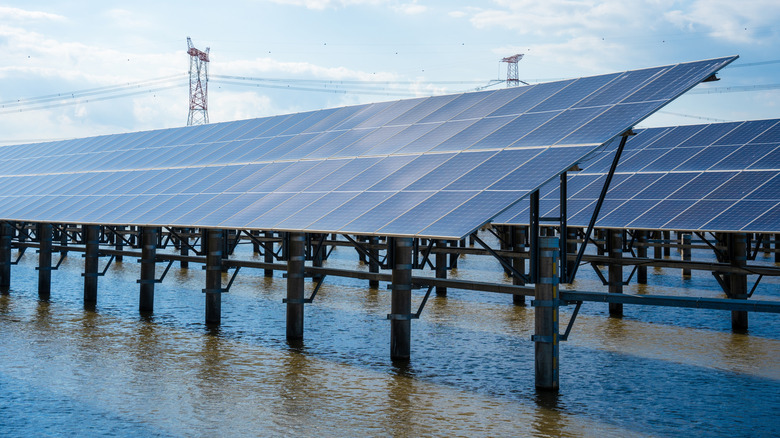 Des panneaux solaires flottants projettent des ombres sur la surface de l’eau