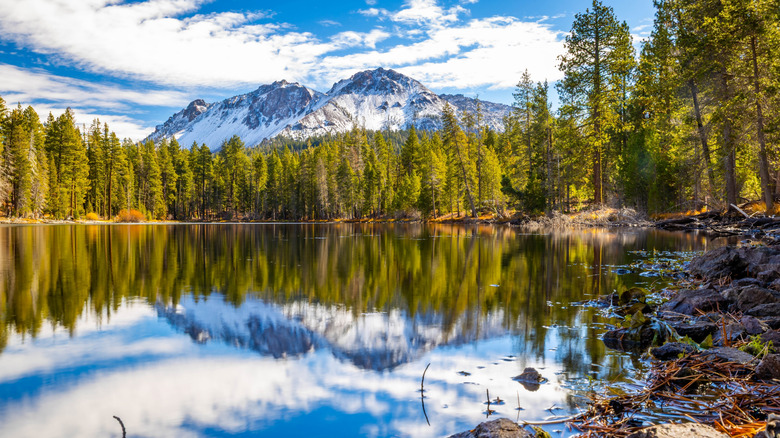La forêt entoure le lac Manzanita avec le pic Lassen au loin dans le parc national volcanique de Lassen