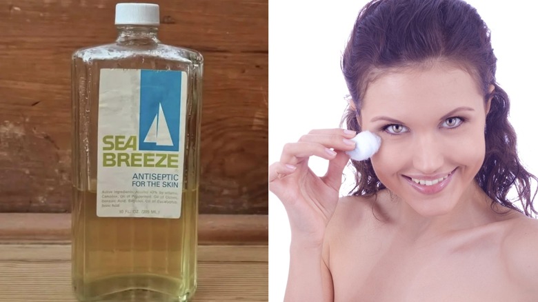 Une bouteille de Sea Breeze des années 1980 (L) et une femme appliquant un produit sur son visage avec un coton (R)