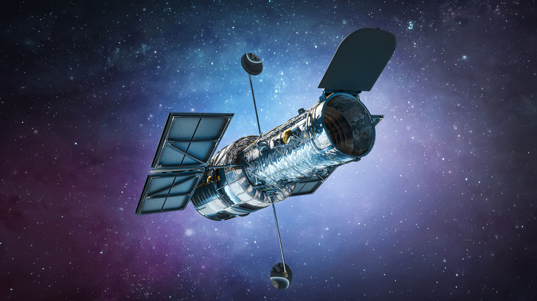 Rendu CGI du télescope spatial Hubble sur un ciel étoilé coloré