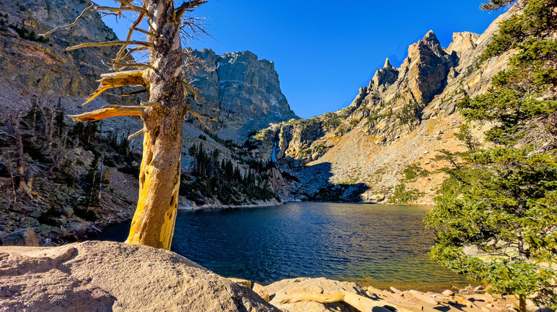 Lac Emerald dans le parc national des Montagnes Rocheuses avec Hallett Peak en arrière-plan