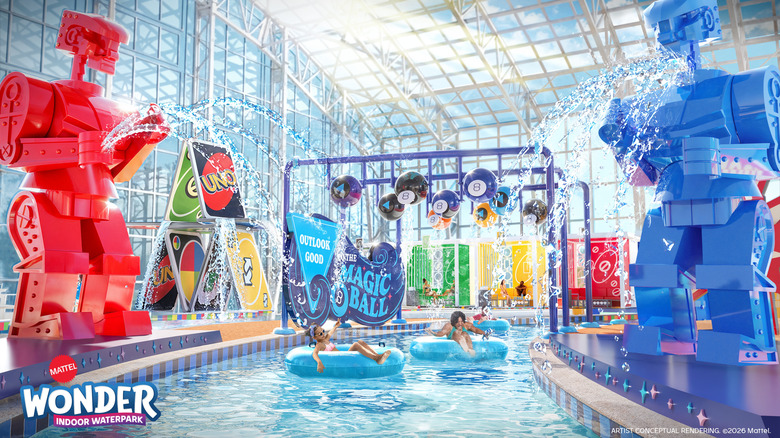 Art conceptuel d'un parc aquatique avec des robots géants en plastique, des cartes UNO géantes et 8 balles magiques et des enfants flottant sur une rivière artificielle