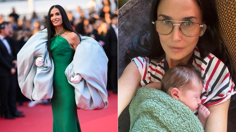 Demi Moore dans une robe verte à gauche et tenant son petit-bébé à droite